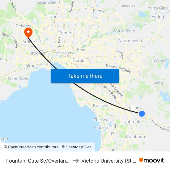 Fountain Gate Sc/Overland Dr to Victoria University (St Albans Campus) map