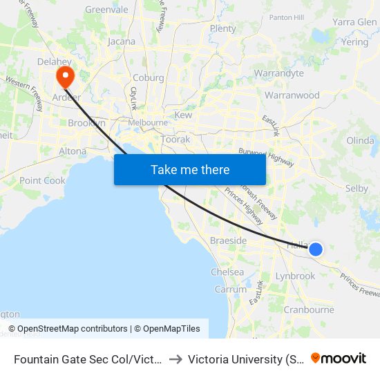 Fountain Gate Sec Col/Victoria Rd (Narre Warren) to Victoria University (St Albans Campus) map