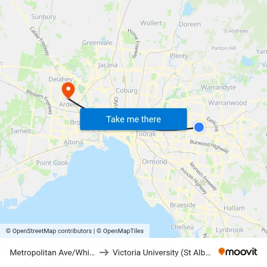 Metropolitan Ave/Whitehorse Rd to Victoria University (St Albans Campus) map