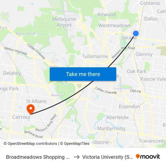 Broadmeadows Shopping Centre/Tanderrum Way to Victoria University (St Albans Campus) map