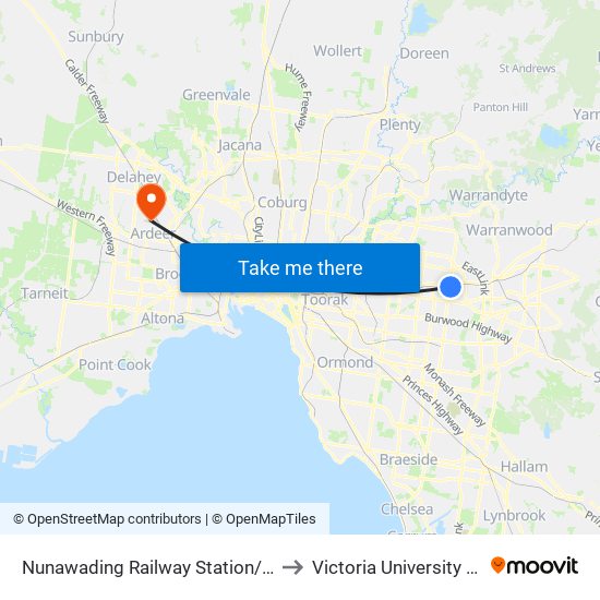 Nunawading Railway Station/Springvale Rd (Nunawading) to Victoria University (St Albans Campus) map