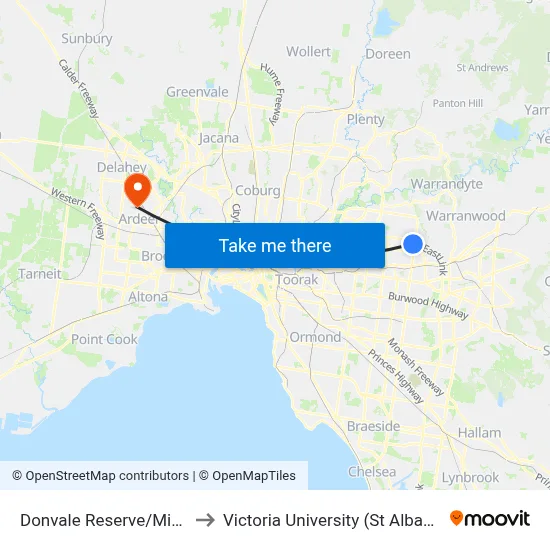 Donvale Reserve/Mitcham Rd to Victoria University (St Albans Campus) map