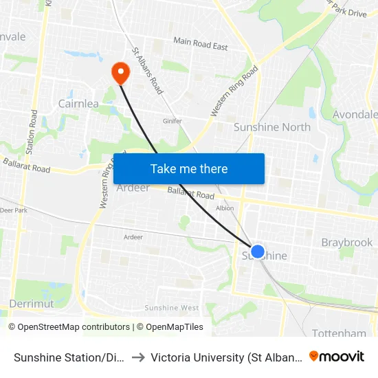 Sunshine Station/Dickson St to Victoria University (St Albans Campus) map