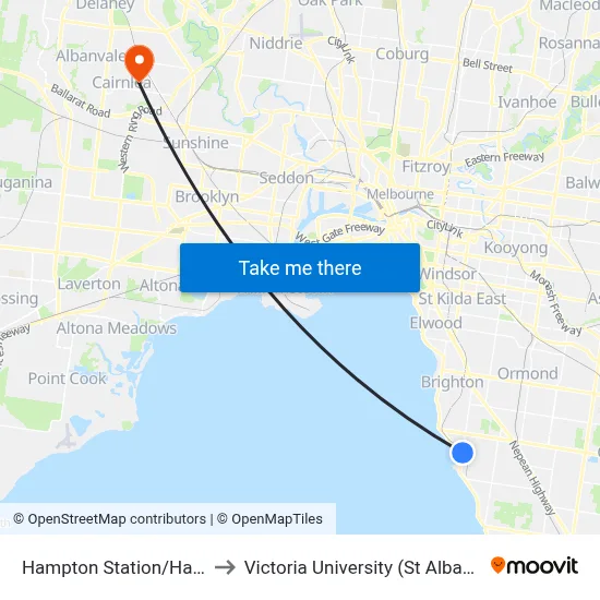 Hampton Station/Hampton St to Victoria University (St Albans Campus) map