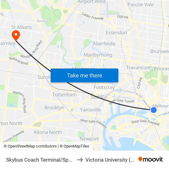 Skybus Coach Terminal/Spencer St (Melbourne City) to Victoria University (St Albans Campus) map