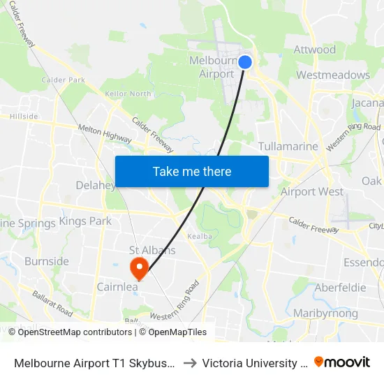 Melbourne Airport T1 Skybus/Arrival Dr to Victoria University (St Albans Campus) map