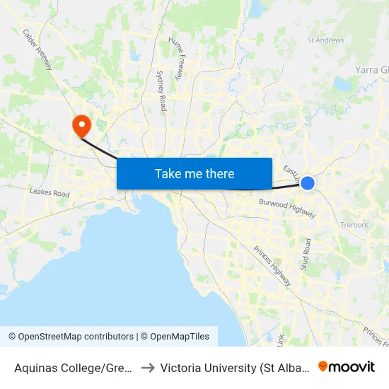 Aquinas College/Great Ryrie St to Victoria University (St Albans Campus) map