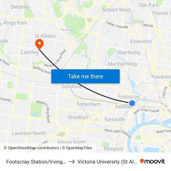 Footscray Station/Irving St to Victoria University (St Albans Campus) map