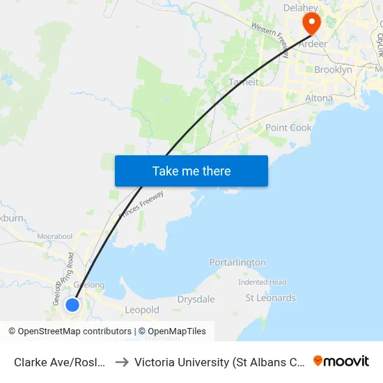 Clarke Ave/Roslyn Rd to Victoria University (St Albans Campus) map