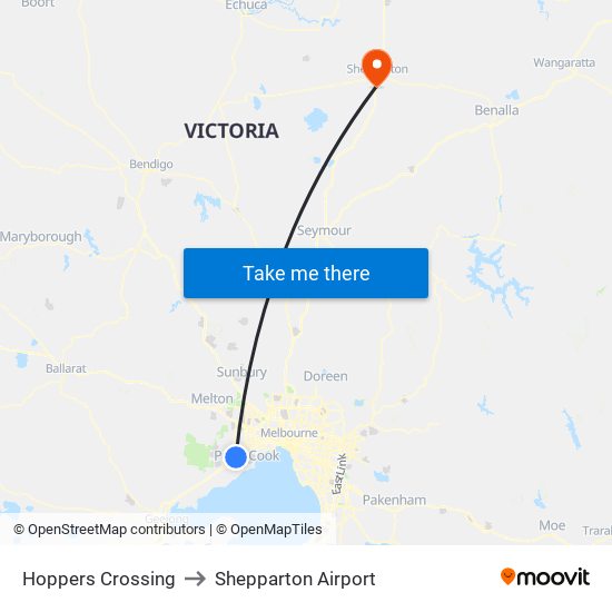 Hoppers Crossing to Shepparton Airport map