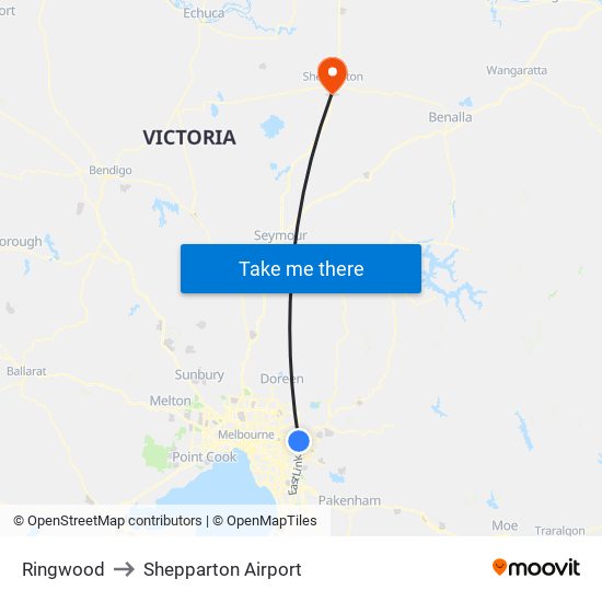 Ringwood to Shepparton Airport map