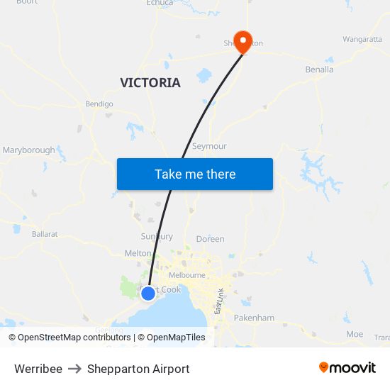 Werribee to Shepparton Airport map