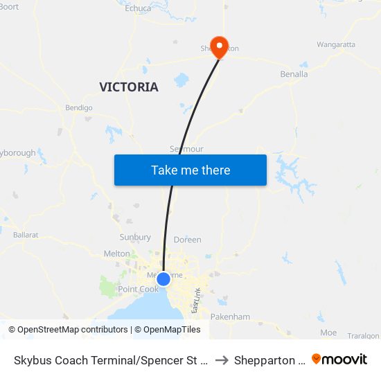 Skybus Coach Terminal/Spencer St (Melbourne City) to Shepparton Airport map