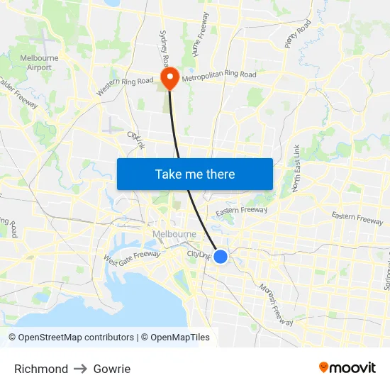Richmond to Gowrie map