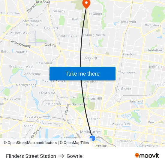 Flinders Street Station to Gowrie map