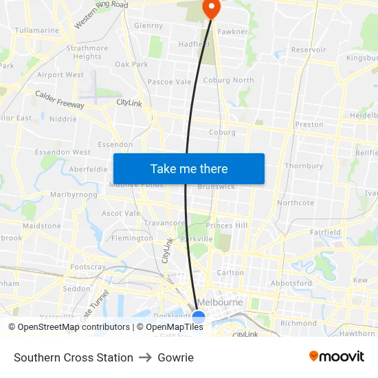 Southern Cross Station to Gowrie map