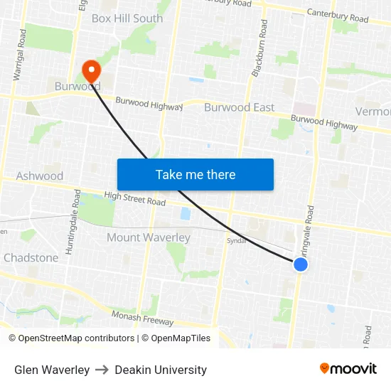 Glen Waverley to Deakin University map