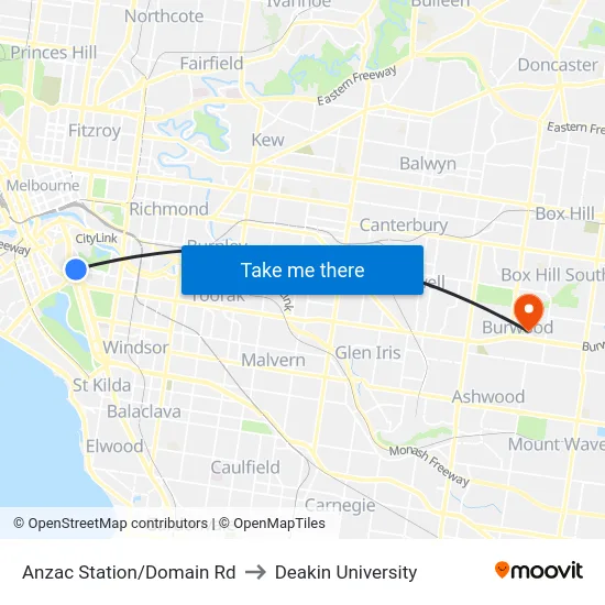 Anzac Station/Domain Rd to Deakin University map