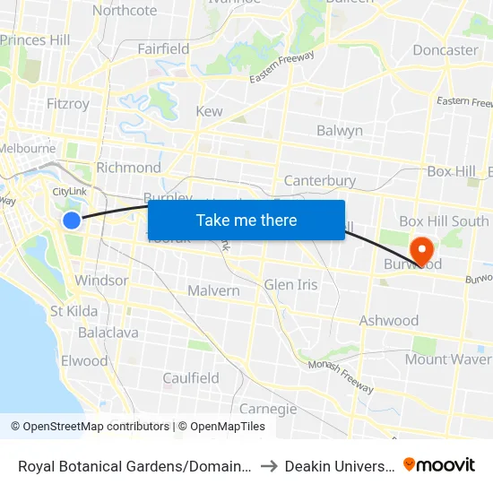 Royal Botanical Gardens/Domain Rd to Deakin University map