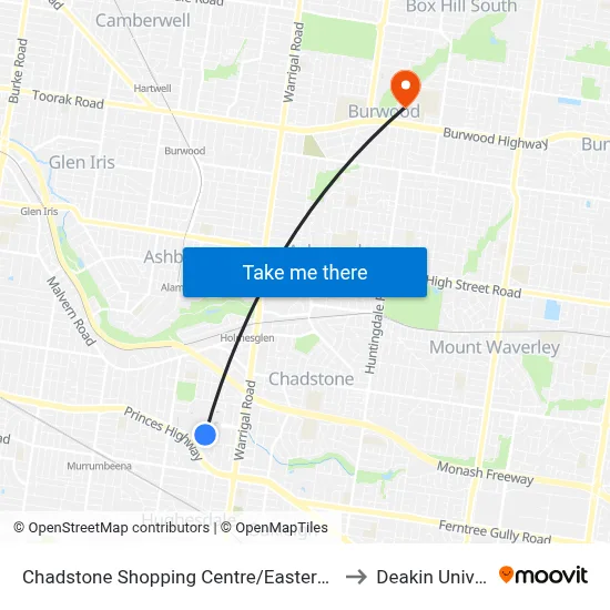 Chadstone Shopping Centre/Eastern Access Rd to Deakin University map