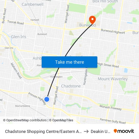 Chadstone Shopping Centre/Eastern Access Rd (Malvern East) to Deakin University map