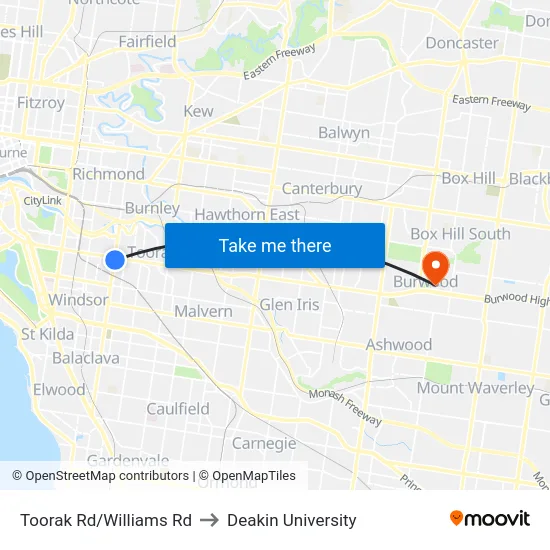 Toorak Rd/Williams Rd to Deakin University map