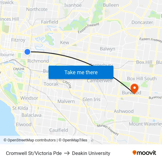 Cromwell St/Victoria Pde to Deakin University map