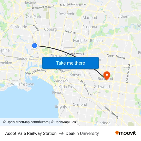 Ascot Vale Railway Station to Deakin University map