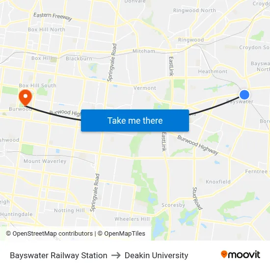 Bayswater Railway Station to Deakin University map