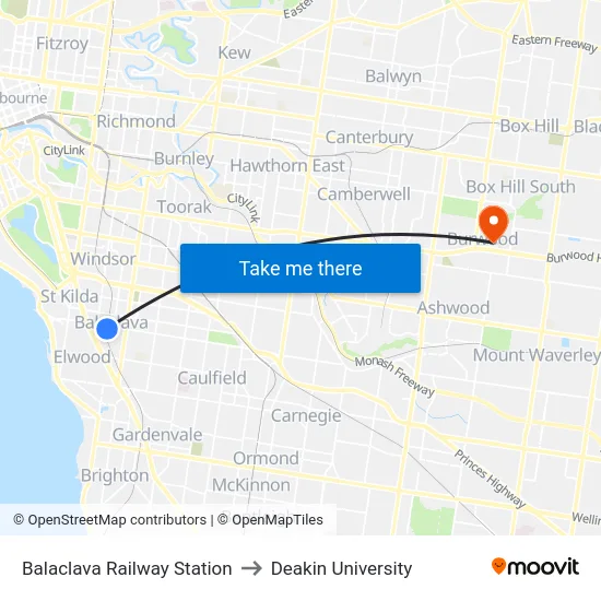 Balaclava Railway Station to Deakin University map