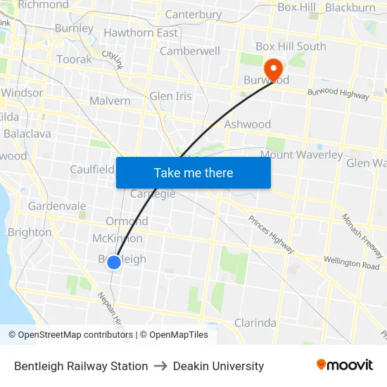 Bentleigh Railway Station to Deakin University map