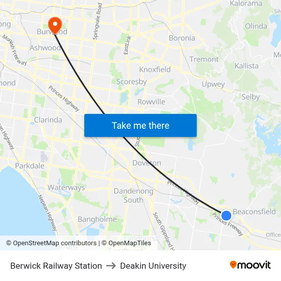 Berwick Railway Station to Deakin University map