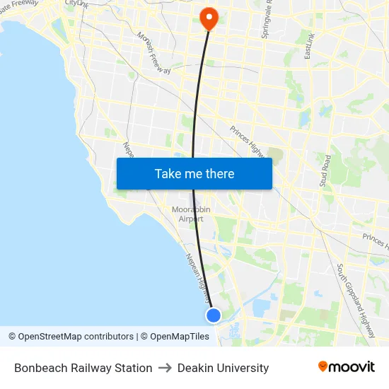 Bonbeach Railway Station to Deakin University map