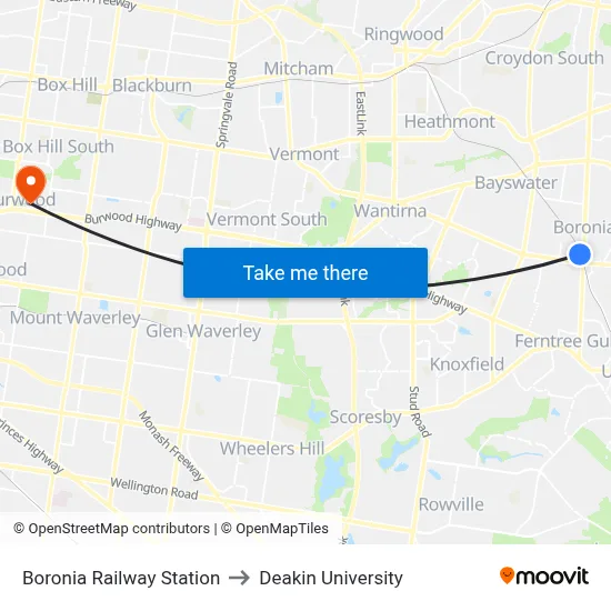 Boronia Railway Station to Deakin University map