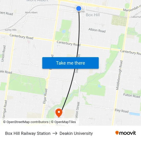 Box Hill Railway Station to Deakin University map