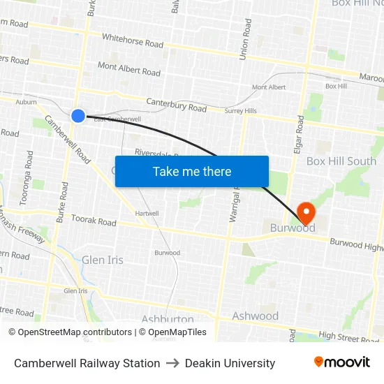 Camberwell Railway Station to Deakin University map