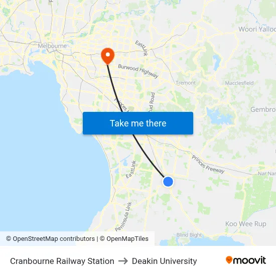 Cranbourne Railway Station to Deakin University map