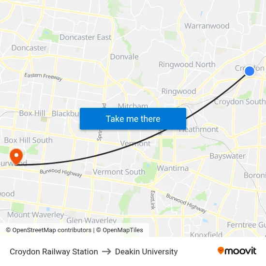 Croydon Railway Station to Deakin University map