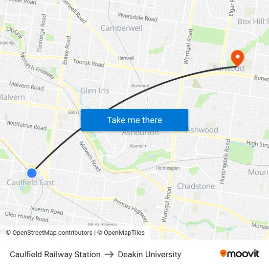 Caulfield Railway Station to Deakin University map
