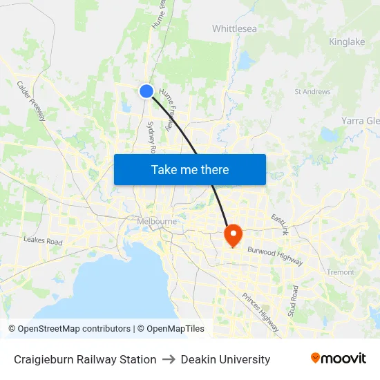 Craigieburn Railway Station to Deakin University map