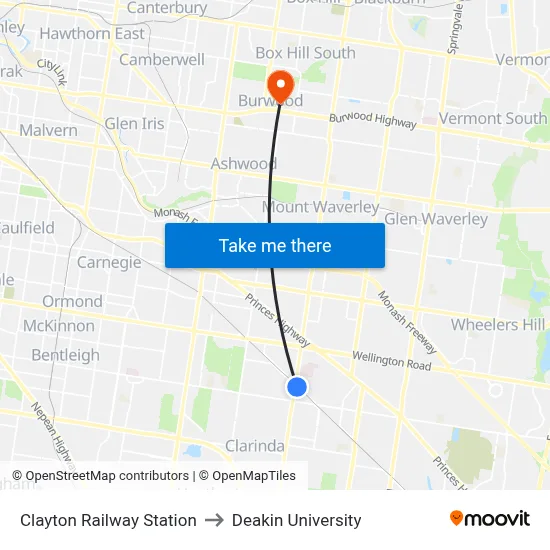 Clayton Railway Station to Deakin University map
