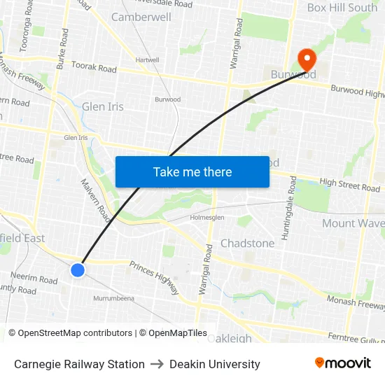 Carnegie Railway Station to Deakin University map