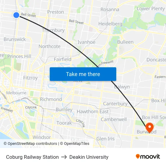 Coburg Railway Station to Deakin University map