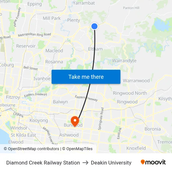 Diamond Creek Railway Station to Deakin University map