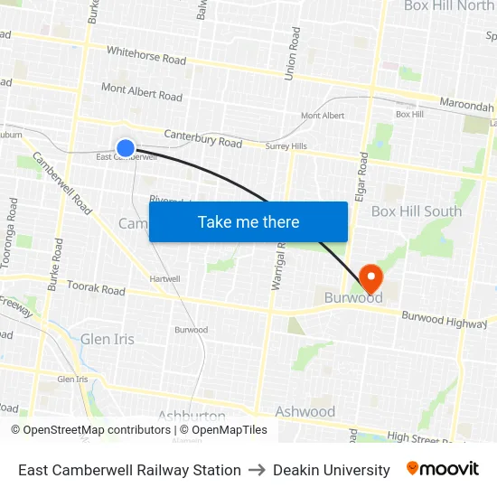 East Camberwell Railway Station to Deakin University map