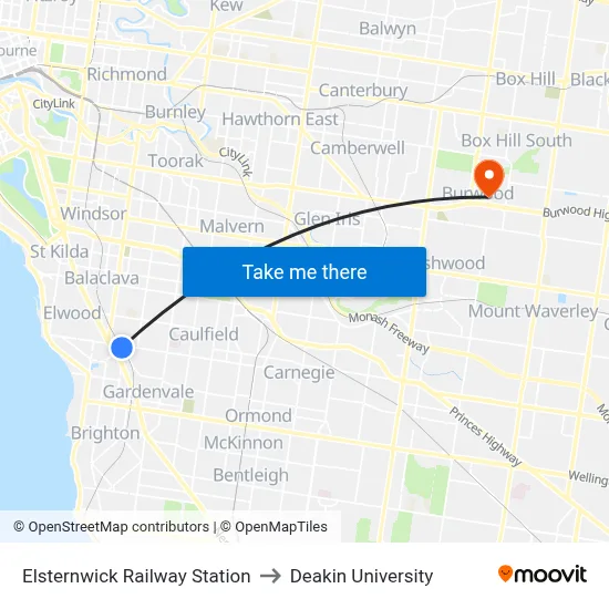 Elsternwick Railway Station to Deakin University map