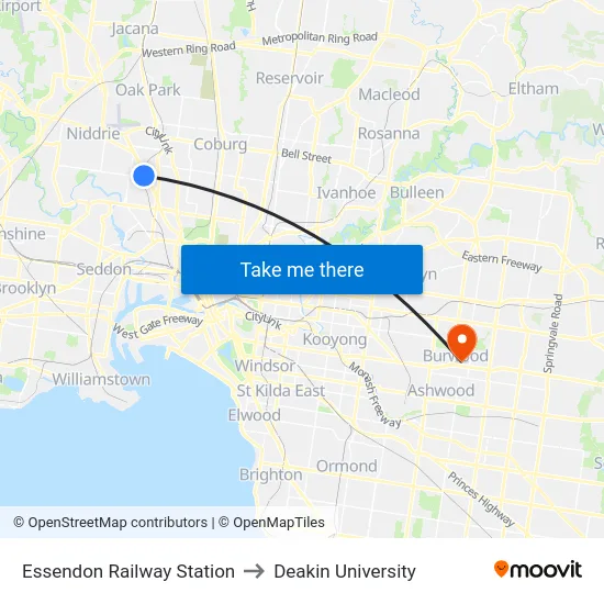Essendon Railway Station to Deakin University map