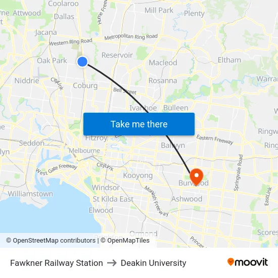 Fawkner Railway Station to Deakin University map