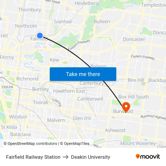Fairfield Railway Station to Deakin University map