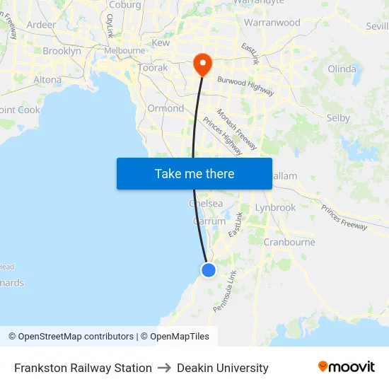 Frankston Railway Station to Deakin University map